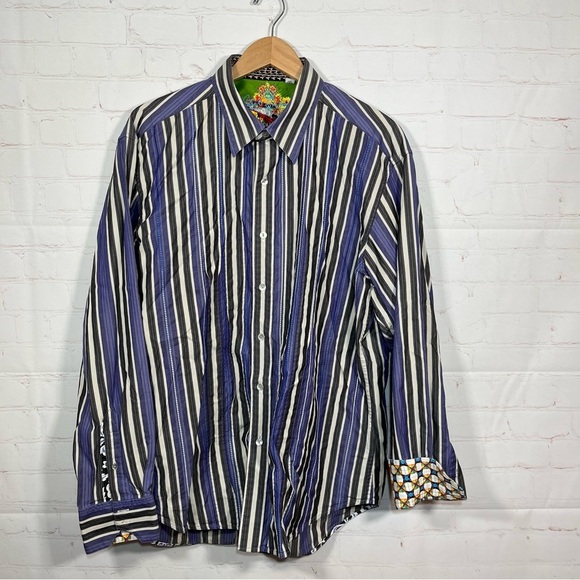 Robert Graham Shirt Mens XL Purple Stripe Button Up Classic Fit Flip Cuff - Picture 10 of 15